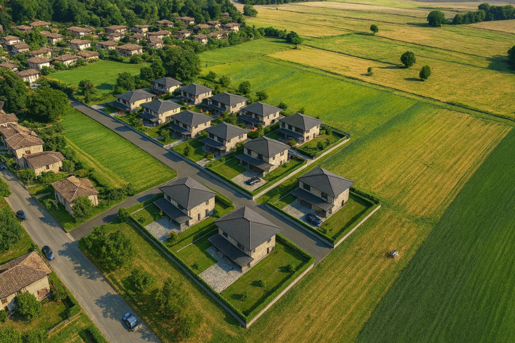 Vista aerea del terreno edificabile a Miralduolo, tra Perugia e Torgiano, con progetto di ville moderne immerse nel verde.