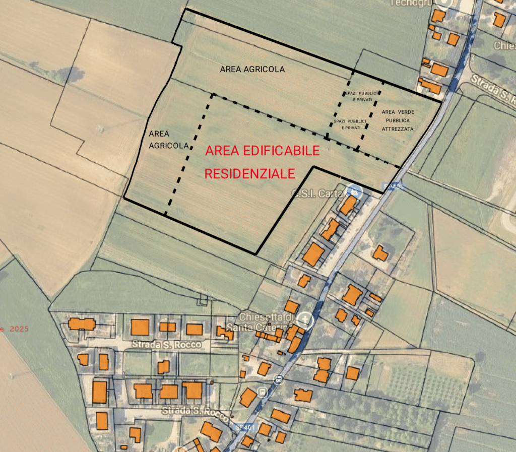Planimetria del terreno edificabile a Miralduolo, tra Perugia e Torgiano, con indicazione delle aree residenziali e viabilità di progetto.